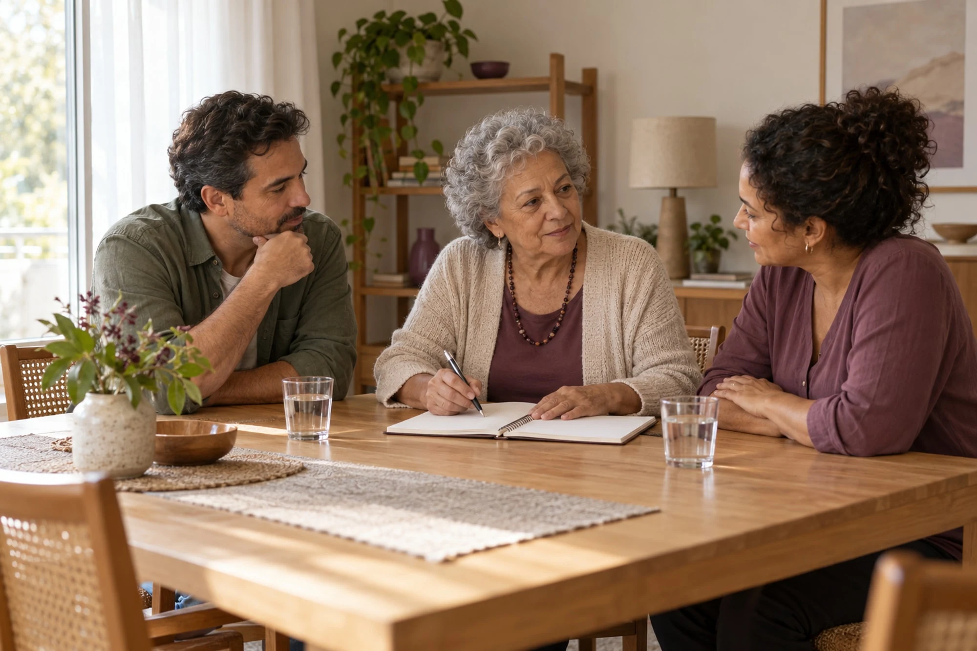 Fam&iacute;lia em conversa &agrave; mesa &mdash; cena ilustrativa gerada por IA, com pessoas e ambiente fict&iacute;cios.