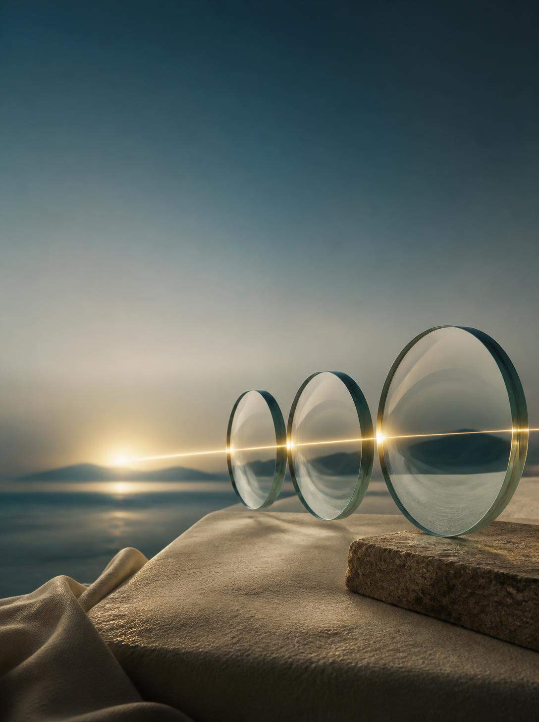 Composição conceitual com lentes translúcidas e luz, representando diferentes perspectivas.