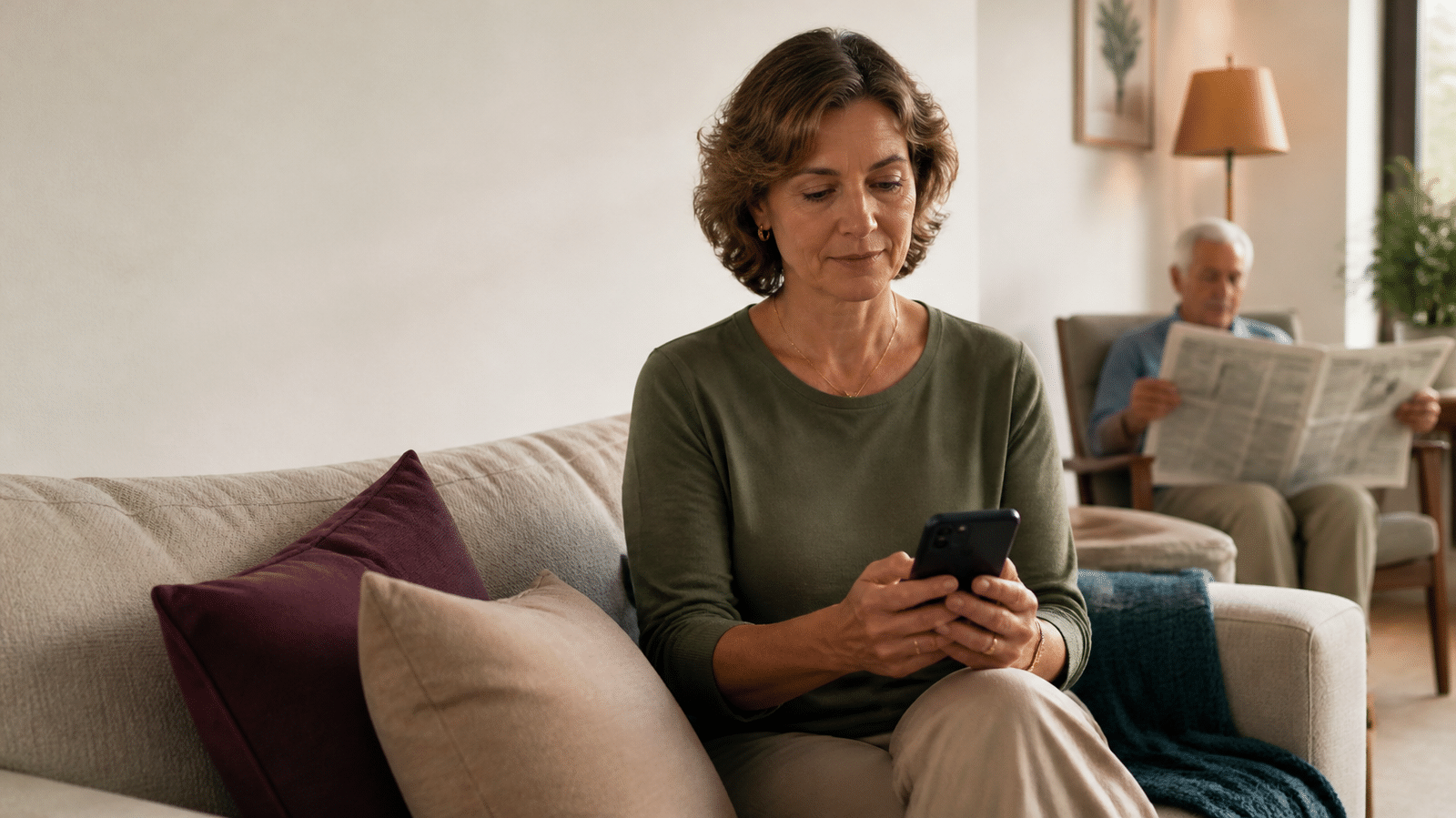 Mulher no sof&aacute; segura o celular para enviar uma mensagem; ao fundo, o pai l&ecirc; o jornal.