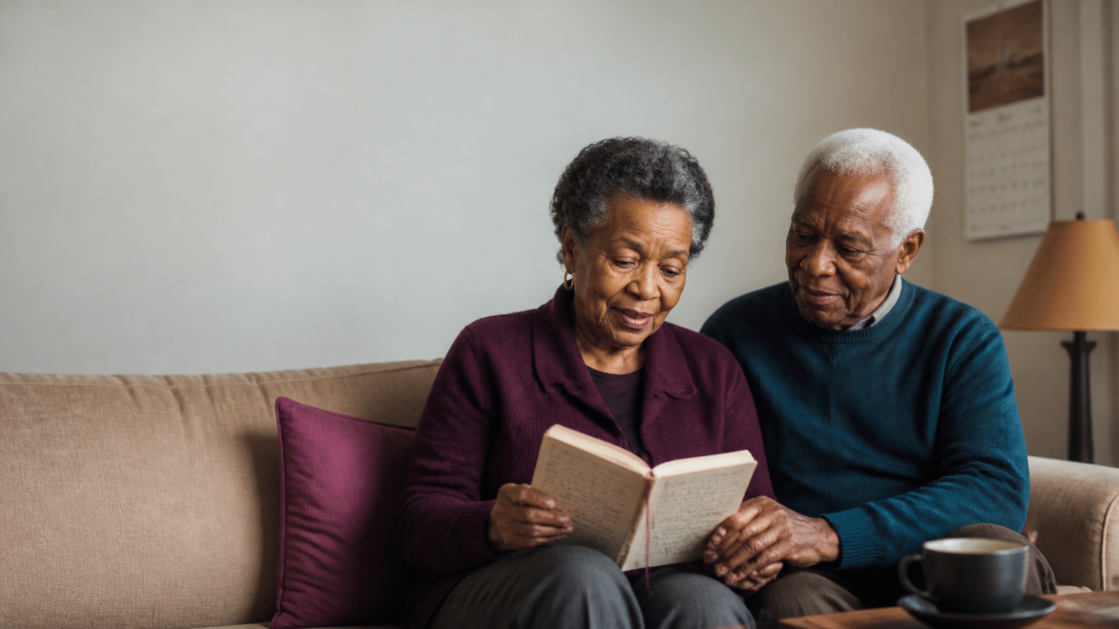 Casal de idosos no sof&aacute;; ela l&ecirc; anota&ccedil;&otilde;es em um caderno e ele escuta, de m&atilde;os dadas.