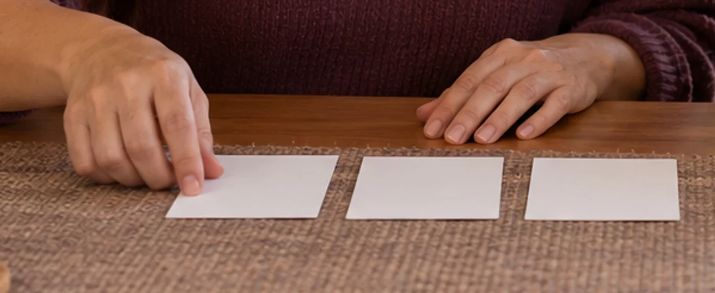 M&atilde;os organizando cart&otilde;es sobre uma mesa, cena ilustrativa de atividade gerada por IA.