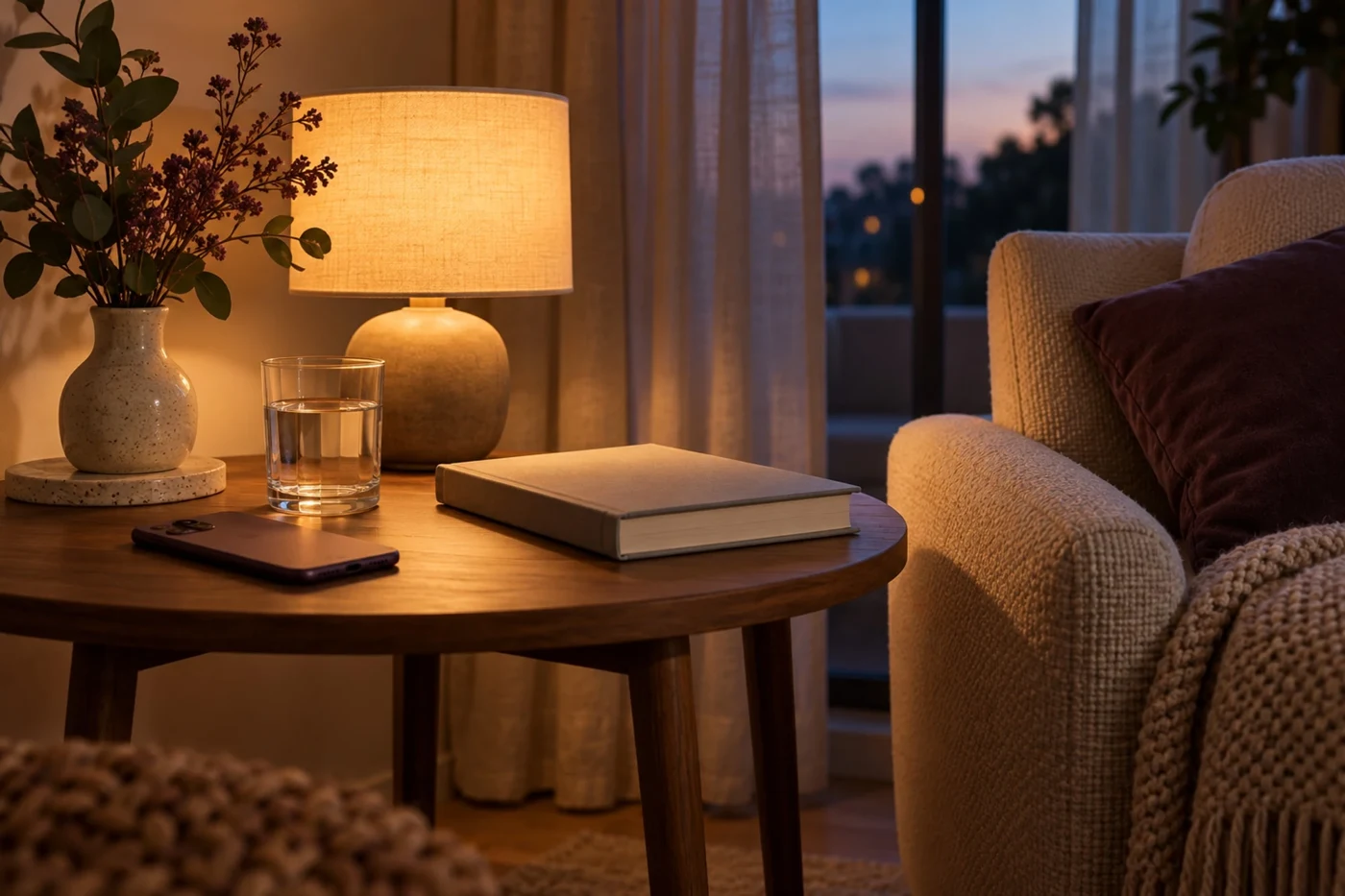 Ambiente noturno com luz suave e livro fechado, cena ilustrativa gerada por IA.